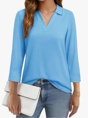 Women’s V Neck Collared 3/4 Sleeve Tunic Sky Blue XXL